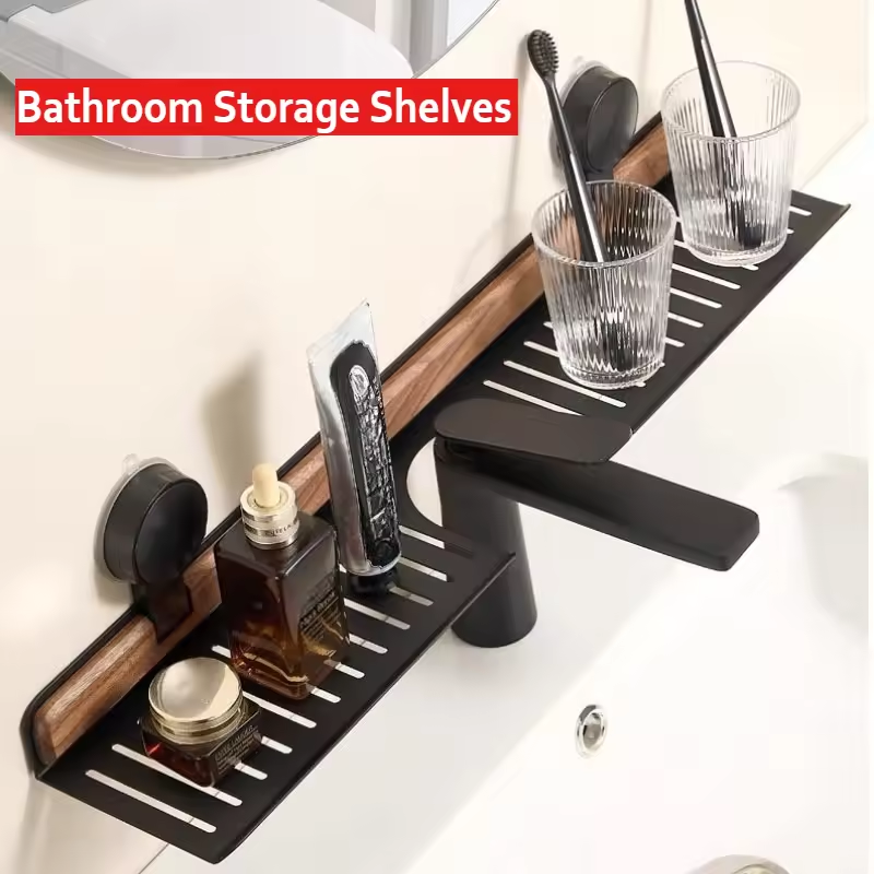 40/50cm Walnut Suction Cup Bathroom Shelf No-Drill Heavy Duty Storage Rack Over Faucet Sink Rack Wall-Mounted Bathroom Accessori