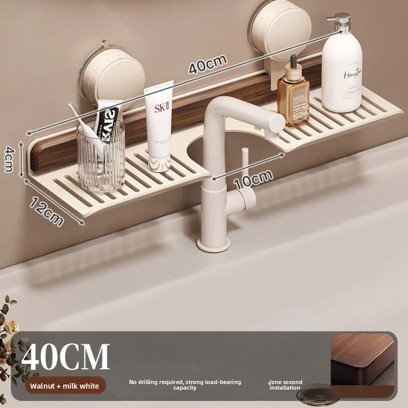 40/50cm Walnut Suction Cup Bathroom Shelf No-Drill Heavy Duty Storage Rack Over Faucet Sink Rack Wall-Mounted Bathroom Accessori